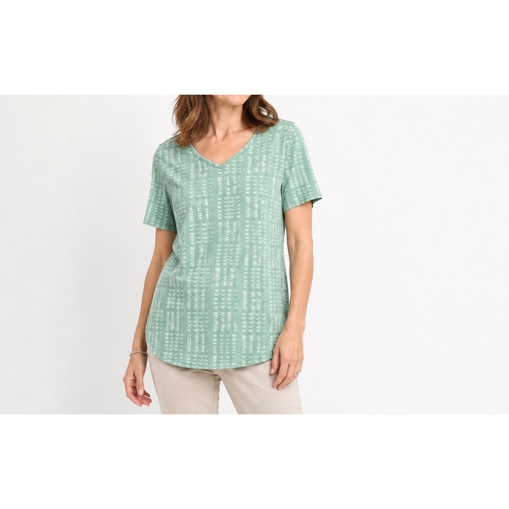 Isaac Mizrahi Live! Green White Geometric V-Neck Short Sleeve T-Shirt Top Large